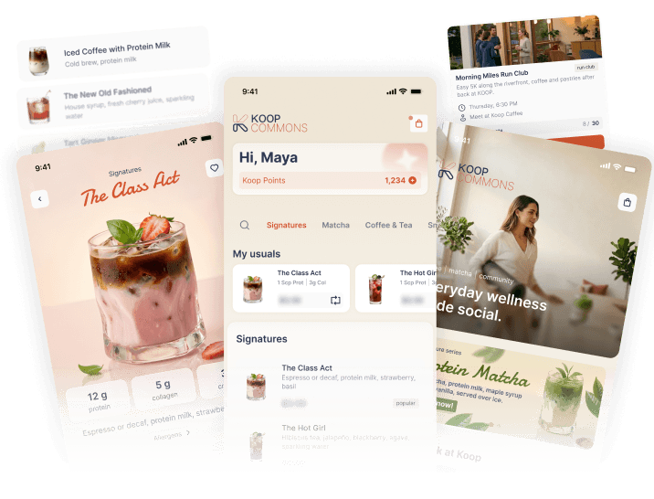 Koop Commons app screens, an event card and a drink menu