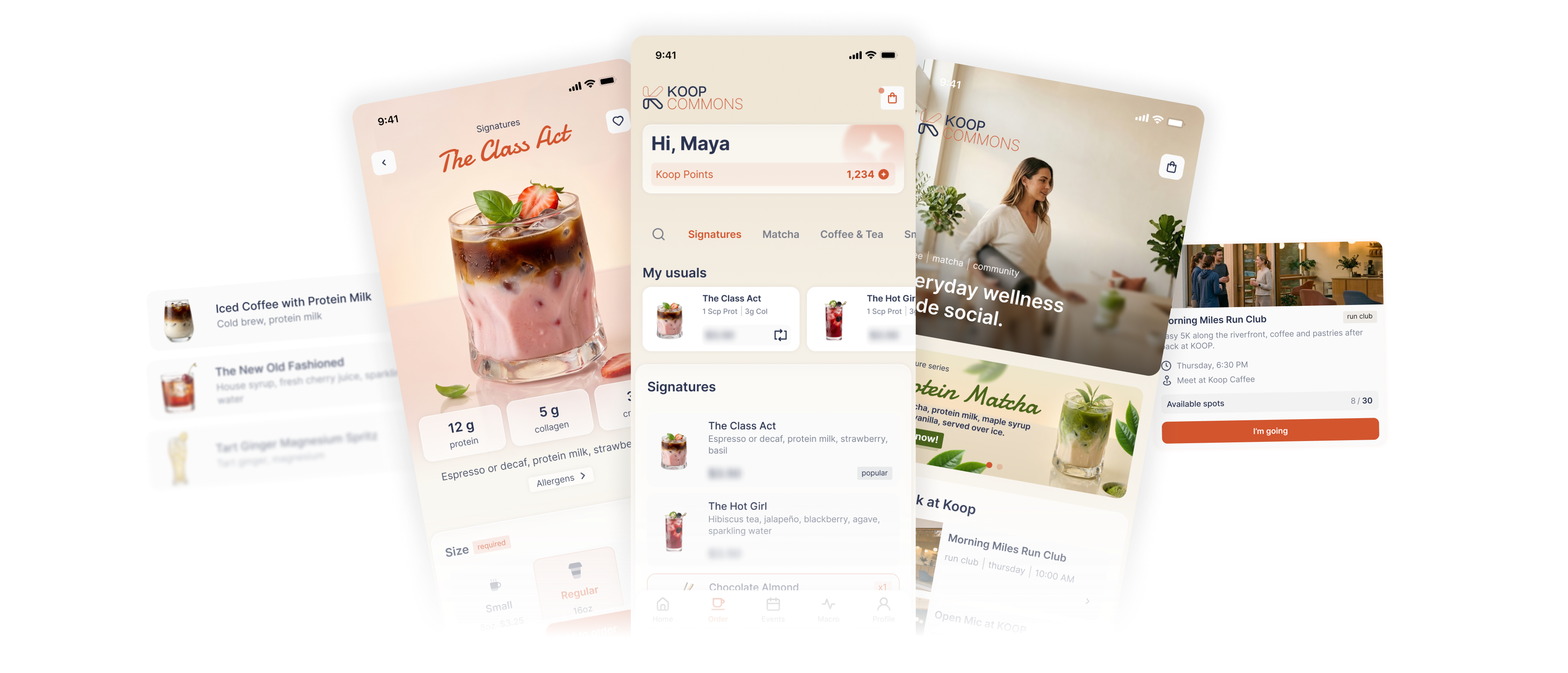 Koop Commons app screens, an event card and a drink menu