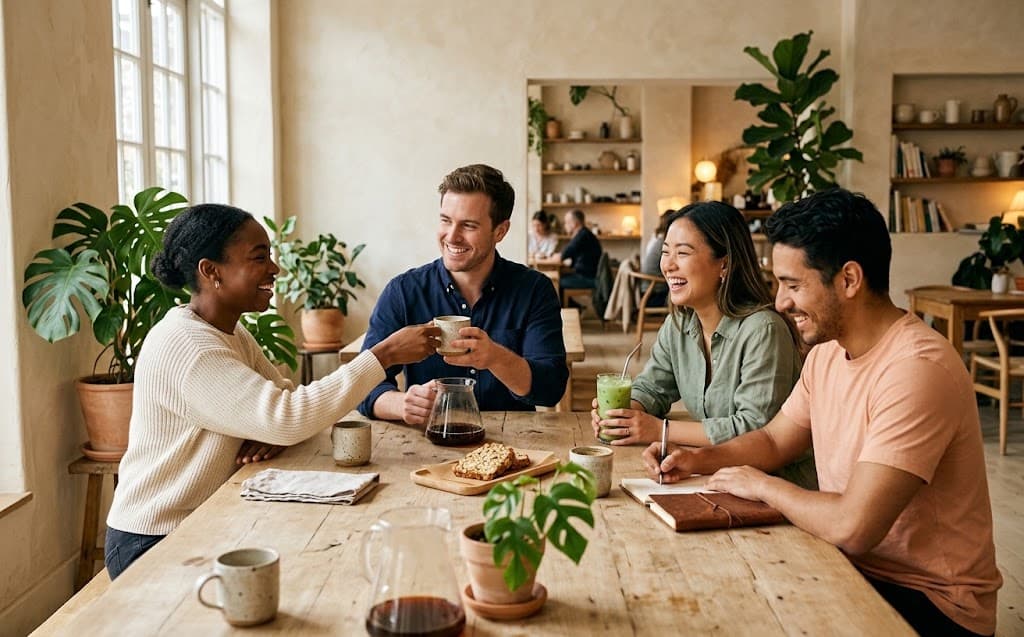 Guests gathered around a table at Koop Commons